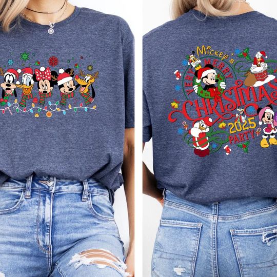 Discover Mickey's Very Merry Christmas Party 2025 Shirt, Disney Santa Mickey And Friends Group Christmas Lights Shirt, Disneyland Xmas Tee