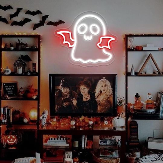 Cute Ghost With Wings Halloween Neon Sign,Ghost Led Light,Bat Wings Neon Sign,Ghost Neon Sign,Halloween Bedroom Decor,Fall Horror Decoration