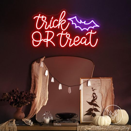 Trick OR Treat Neon Sign Custom Halloween Neon Sign Party Event Decor Halloween Bat Neon Sign Halloween Gifts Holiday Decor Home Wall Decor