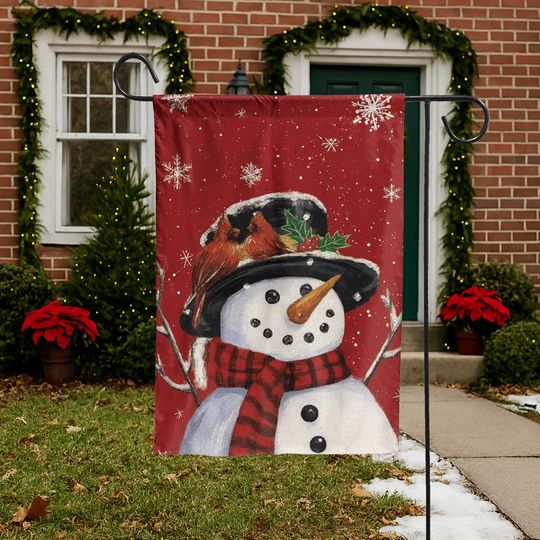 Discover Christmas Snowman and Cardinals Garden Flag, Holiday Decor, Christmas Lawn Flag