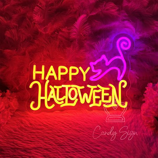 Discover Happy Halloween Cat Neon Sign Custom Halloween LED Neon Light Halloween Home Decor Halloween Party Decor Spooky Party Sign Halloween Gifts