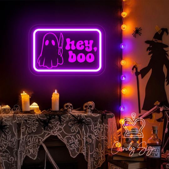 Discover Hey Boo Ghost Neon Sign Custom Halloween Spooky Boo Neon Light USB Laser Engraving Sign Halloween Party Decor Home Wall Decor Halloween Gift