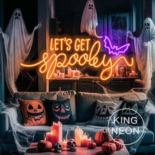 Let's Get Spooky Bat Neon Sign, Custom Halloween LED Neon Light Halloween Party Home Bar Store Decor Bats Light Up Sign Halloween Gift