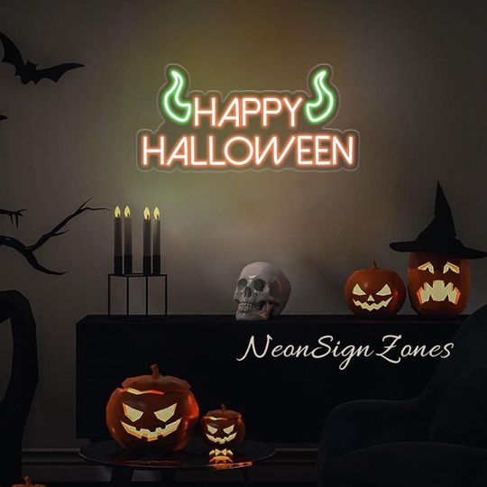 Discover Happy Halloween Neon Sign with Devil Horns, LED Spooky Party Wall Light