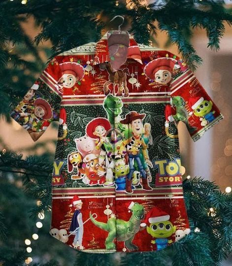 Discover Cartoon Cowboy Christmas Hawaiian Shirt, Funny Alien Dinosaur Holiday Aloha Shirt, Festive Party Button Up Top S-5XL