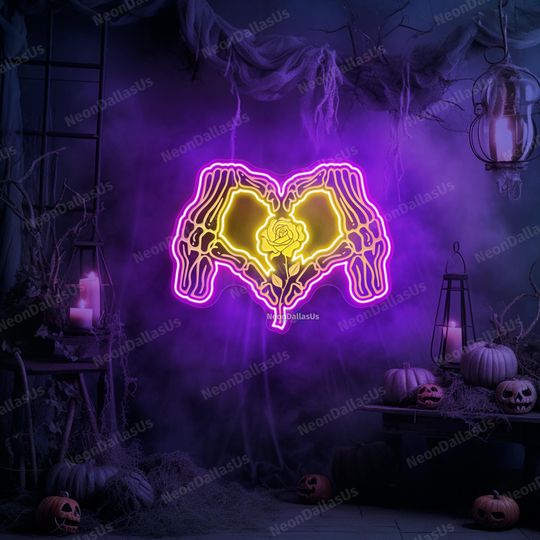 Discover Heart Skeleton Neon Sign Skeleton Sign Heart Skeleton Flower LED Sign Skull Rose Neon Light Skull Halloween Neon Sign Halloween Wall Decors