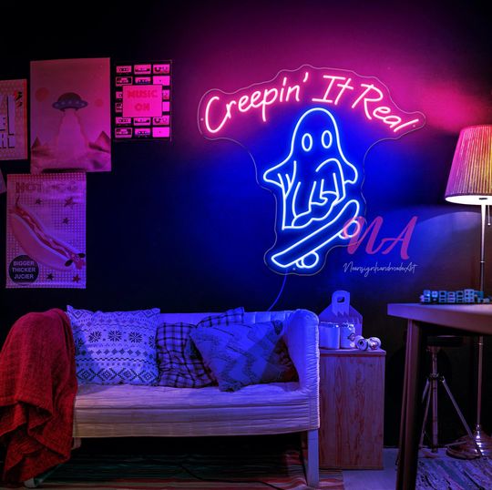 Creepin It Real Ghost Neon Sign: Halloween Horror Decor