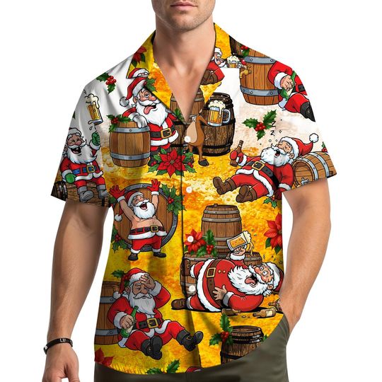 Discover Funny Santa Drinking Beer Hawaiian Shirt Men Women Youth, Christmas Party Aloha Shirt Button Up, Santa Claus With Beer Barrels, Xmas Gift