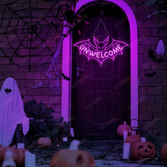 Unwelcome Bat Neon Sign: Gothic Dark Art Home Decor Gothic Halloween Led Lights Halloween Window Wall Hanging Bat Neon Lights Halloween Gift
