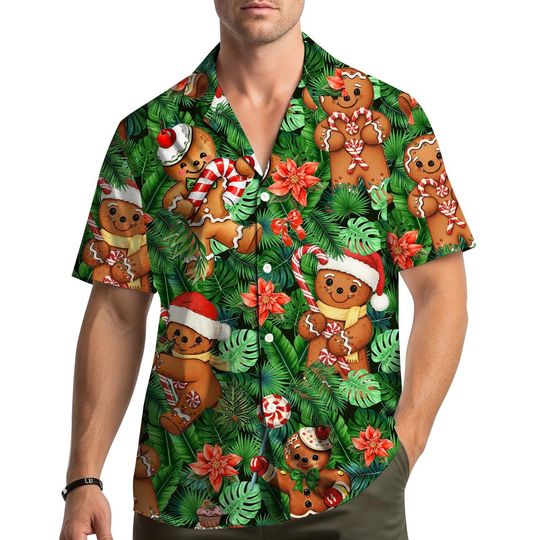Discover Gingerbread Christmas Hawaiian Shirt Men Women Youth, Cute Cookie Holiday Aloha Shirt with Santa Hat, Festive Green Leaves & Xmas Pattern