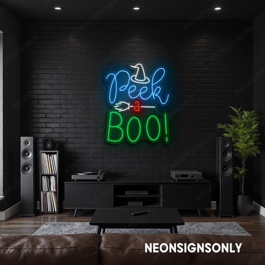 Discover Peek A Boo Halloween LED Neon Sign, Peek A Boo Light Sign, Halloween Witch Hat Broom Light Wall Decor, Spooky Halloween Neon Signboard