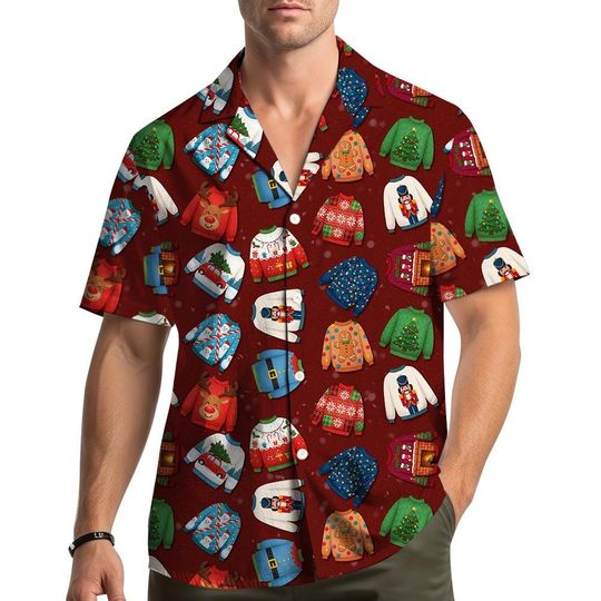 Discover Ugly Sweater Print Christmas Hawaiian Shirt Men Women Youth, Funny Holiday Aloha Shirt Button Down, Xmas Party Festive Outfit
