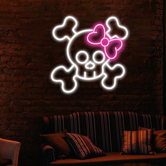 Discover Pink Bowknot Skull Neon Signs, Spooky Skull Neon Sign, Funny Halloween Led Light Sign, Anime Skull Wall Decor, Light Up Halloween Decor