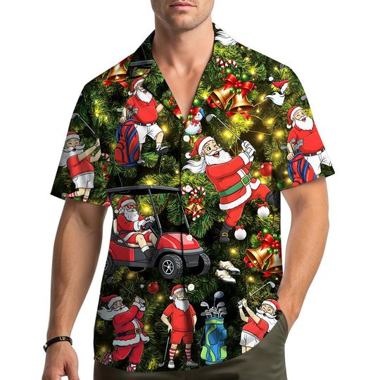 Discover Santa Golf Hawaiian Shirt for Men Women, Christmas Holiday Aloha Shirt, Funny Golf Cart Xmas Tree Print Button Down Top