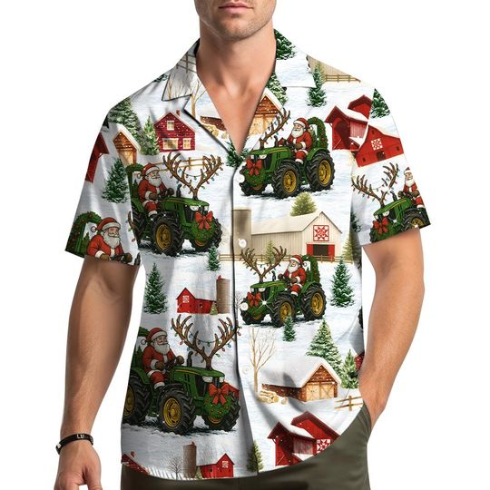 Discover Santa Driving Tractor Christmas Hawaiian Shirt Men Women Youth, Funny Farm Holiday Aloha Shirt Button Down, Xmas Party Outfit