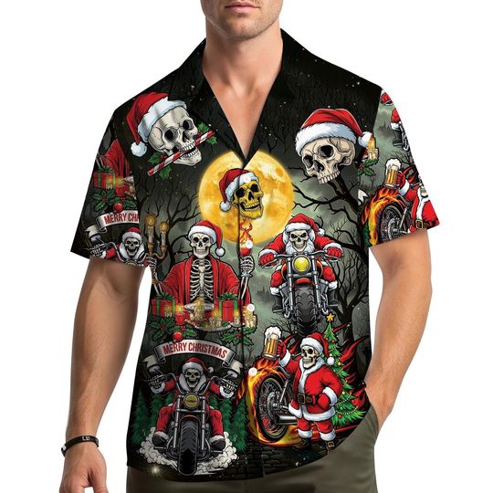 Discover Skeleton Santa Biker Christmas Hawaiian Shirt Men Women Youth, Gothic Holiday Aloha Shirt Button Down, Funny Xmas Party Motorcycle Outfit