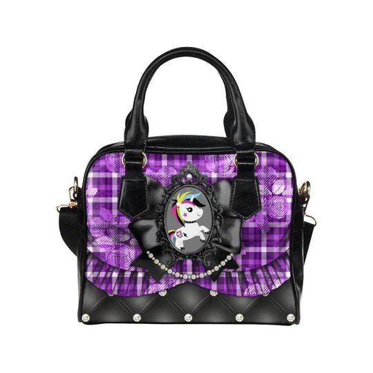 Discover Pastel Punk Unicorns Faux Leather Dome Bag | pastel plaid punk goth gothic unicorn crossbody shoulder handbag bag purse dome satchel