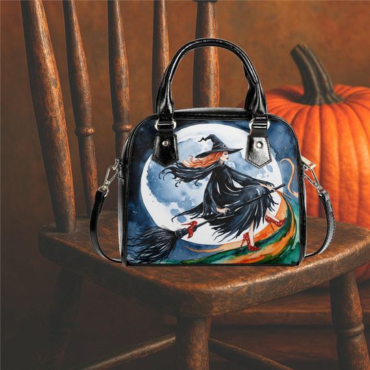 Whimsical Halloween Purse Satchel fun cute witch moon reading a book satchel messenger purse tote fun cute black shoulder handbag