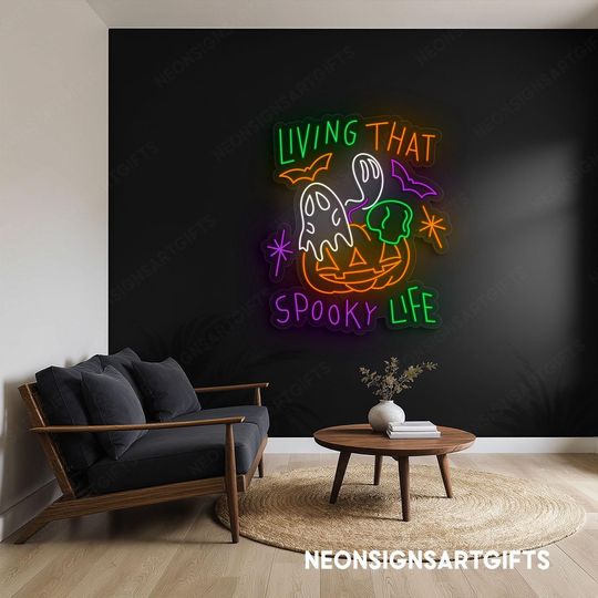 Discover Living That Spooky Life Neon Sign, Living That Spooky Life Quote Halloween Ghost Led Wall Light, Pumpkin Ghost Halloween Neon Sign Decor