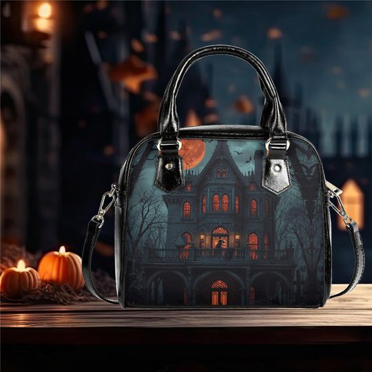 Discover Whimsical Halloween Purse Satchel fun cute Haunted house satchel messenger purse tote fun cute black shoulder handbag