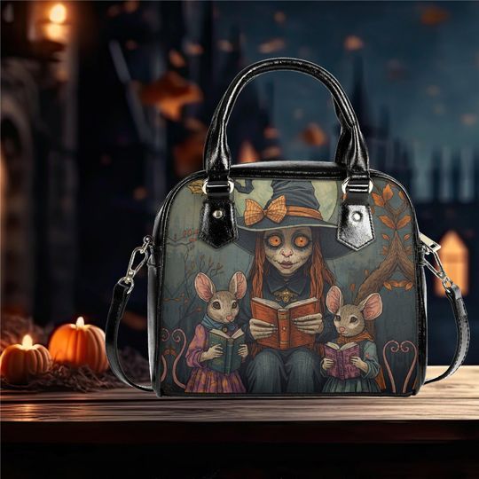 Discover Whimsical Halloween Purse Satchel fun cute mice and a witch reading a book satchel messenger purse tote fun cute black shoulder handbag