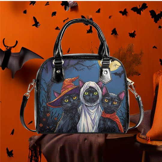 Whimsical Halloween Purse Satchel fun cute black cats dressed up on Halloween satchel messenger purse tote fun cute black shoulder handbag
