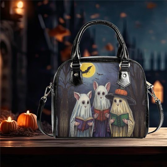 Whimsical Halloween Purse Satchel fun cute mice ghost reading a book satchel messenger purse tote fun cute black shoulder handbag