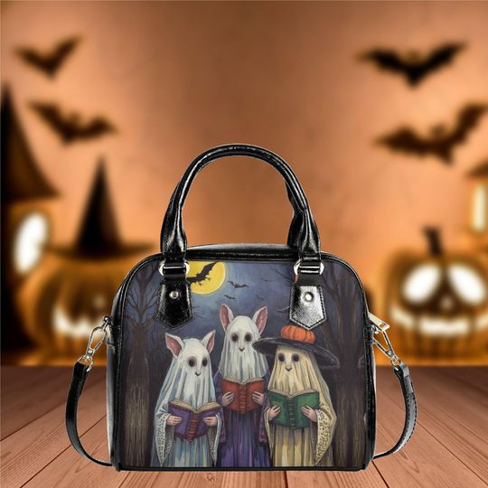 Whimsical Halloween Purse Satchel fun cute ghost mice reading a book satchel messenger purse tote fun cute black shoulder handbag