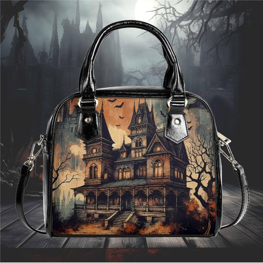 Whimsical Halloween haunted house with bats Purse Satchel fun cute messenger tote fun black handbag with top handles witchy design