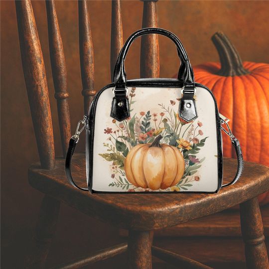 Discover Pumpkin floral  Halloween thanksgiving Holiday vegan leather Shoulder Handbag tote purse black crossbody top fun cute design