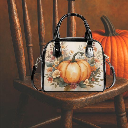Pumpkin floral Halloween thanksgiving Holiday vegan leather Shoulder Handbag tote purse black crossbody top fun cute design