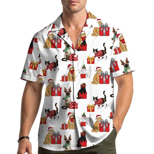 Cat Christmas Hawaiian Shirt Men Women Youth, Cute Holiday Cats with Santa Hats and Gift Box, Funny Cat Lover Gift,  Christmas Party Shirt