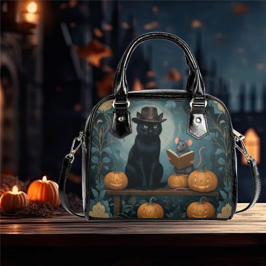 Discover Whimsical Halloween black cat reading a book rat moon pumpkins Satchel fun cute purse messenger purse tote black shoulder bag handbag witchy