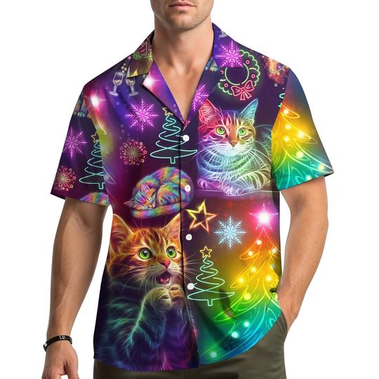 Neon Cat Christmas Hawaiian Shirt Men Women Youth, Funny Cat Holiday Button Up Shirt, Festive Xmas Kitty Aloha Shirt, Cat Lovers Gift