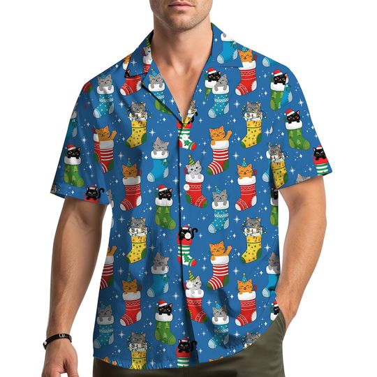 Discover Christmas Cats in Stockings Hawaiian Shirt Men Women Youth, Funny Xmas Short Sleeve Button Down Shirt for Christmas, Cat Lover Gift