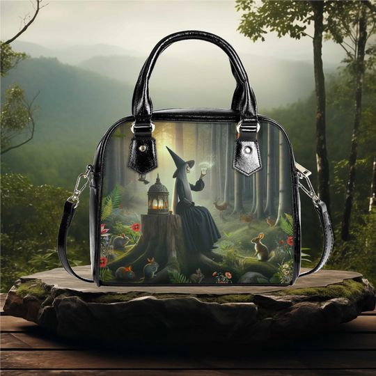 Discover vegan leather Shoulder Handbag Halloween witch rabbit cute whimsical witchy forest bag purse black crossbody satchel tote fun design