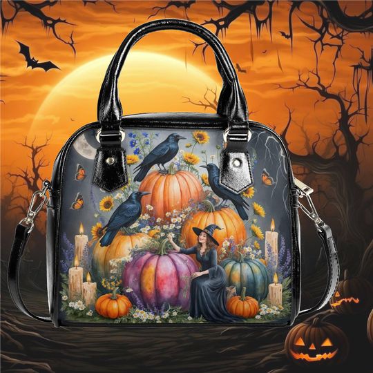 Halloween witchy forest crow bird raven pumpkin design shoulder top handle crossbody Handbag purse wildflower Floral botanical design witchy
