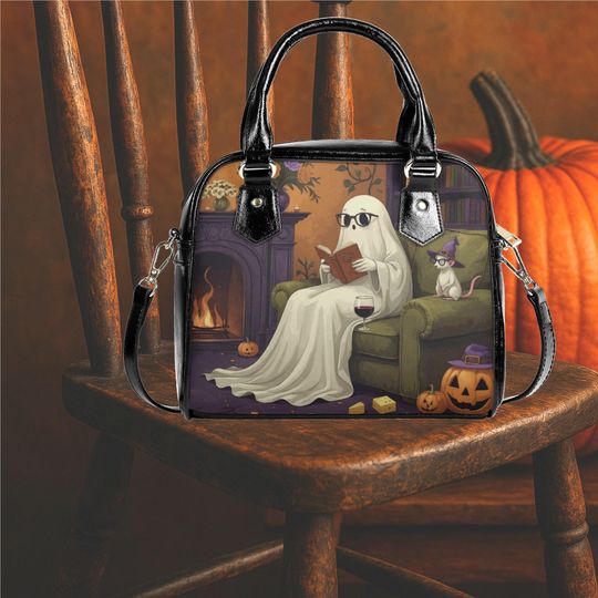 Whimsical Halloween Purse Satchel pumpkin mouse ghost reading a book floral design fun cute messenger purse tote black handbag top handles