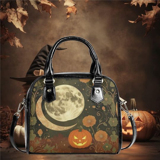 Whimsical Halloween Purse Satchel pumpkin moon floral design fun cute messenger purse tote black handbag top handles witchy purse