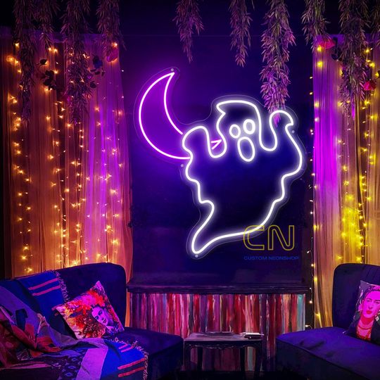 Discover Halloween Boo with Moon Neon Sign, Halloween LED Sign, Custom Neon Sign, Halloween Party Decor Sign, Spooky Wall Decor Sign, Gift for Kid