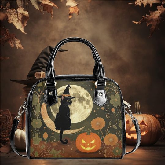 Whimsical Halloween Purse Satchel pumpkin cat moon floral design fun cute messenger purse tote black handbag top handles witchy purse
