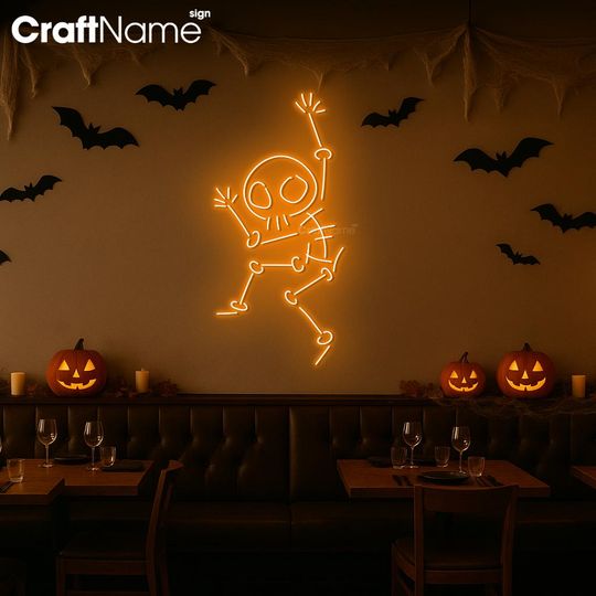 Discover Skeleton Led Light Neon Sign, Halloween Party Decoration with Spooky Skeleton, Halloween Acrylic Wall Art Light for Haunted Home