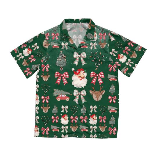 Santa Hawaiian Shirt, Xmas Hawaiian Shirt, Christmas Hawaiian Shirt, Tis The Season Shirt, Christmas Bow Shirt, Reindeer Button Down Shirt