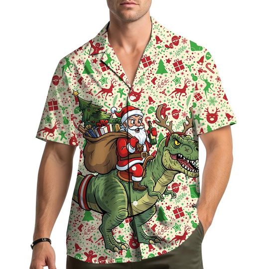 Discover Funny Santa Riding Dinosaur Hawaiian Shirt for Men Women Youth, Christmas T-Rex Shirt, Holiday Dino Santa Claus Button Down Shirt