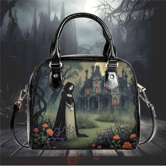 Whimsical Halloween Purse Satchel fun cute satchel messenger purse tote black Halloween handbag with top handles witchy design witchy purse