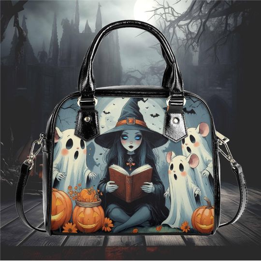 Whimsical Halloween Purse Satchel Ghost witch pumpkins floral design fun cute messenger purse tote black handbag top handles witchy purse