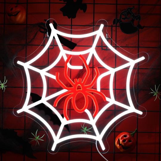 Discover Halloween Spider Web Sign,Halloween Neon Sign,Halloween Room Decor Neon Light Sign,Neon Signs for Wall Decor Bar Party Decoration-14.2x14.2"