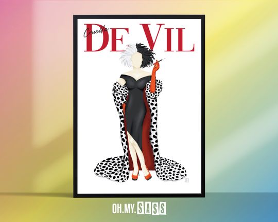 Discover Cruella de Vil Magazine Cover Print | Disney Villain Drawing | Dalmatian | Fashion Illustration | Wall Art Poster
