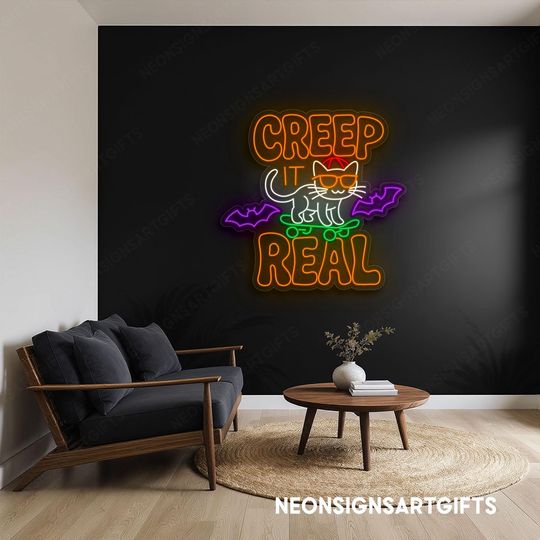 Discover Creep It Real Cat Neon Sign, Creep It Real Quote Halloween Led Light, Cat And Bats Halloween Quote Neon Wall Decor, Cat Bats Halloween Neon