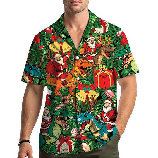 Discover Funny Santa Riding Dinosaur Hawaiian Shirt for Men Women Youth, Christmas T-Rex Shirt, Holiday Dino Santa Claus Button Down Shirt